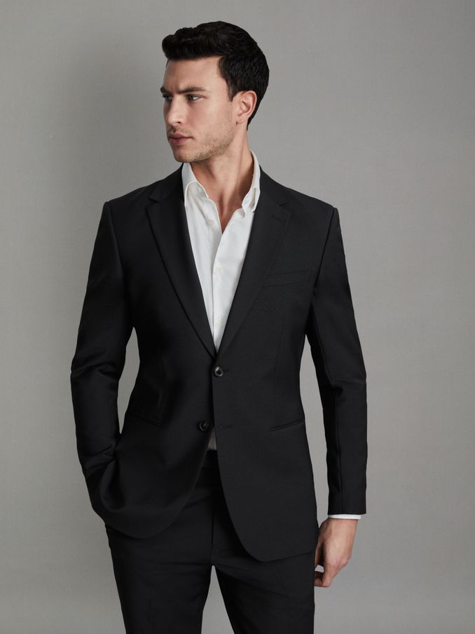 Slim-Fit Wool-Blend Single-Breasted Suit Blazer in Black (683428) | US$173