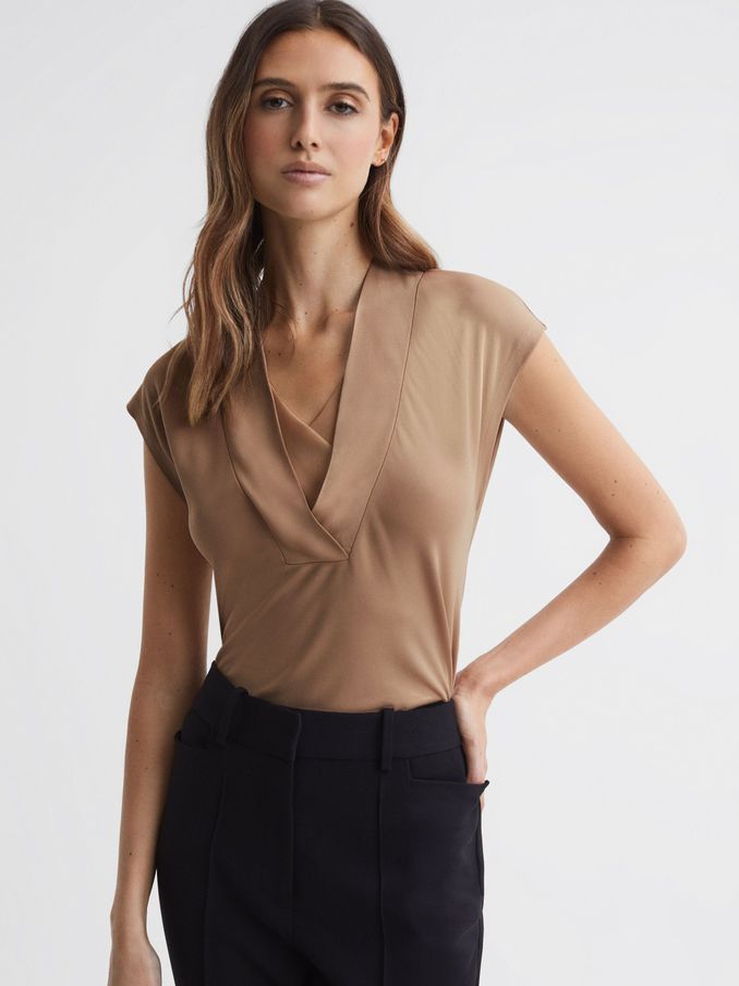 Layered V-Neck T-Shirt in Camel (683597) | AED129