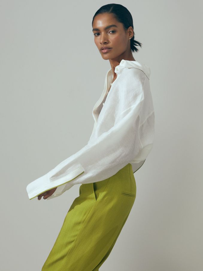 Atelier Linen Silk Contrast Button-Through Shirt in Ivory (694986) | CA$361