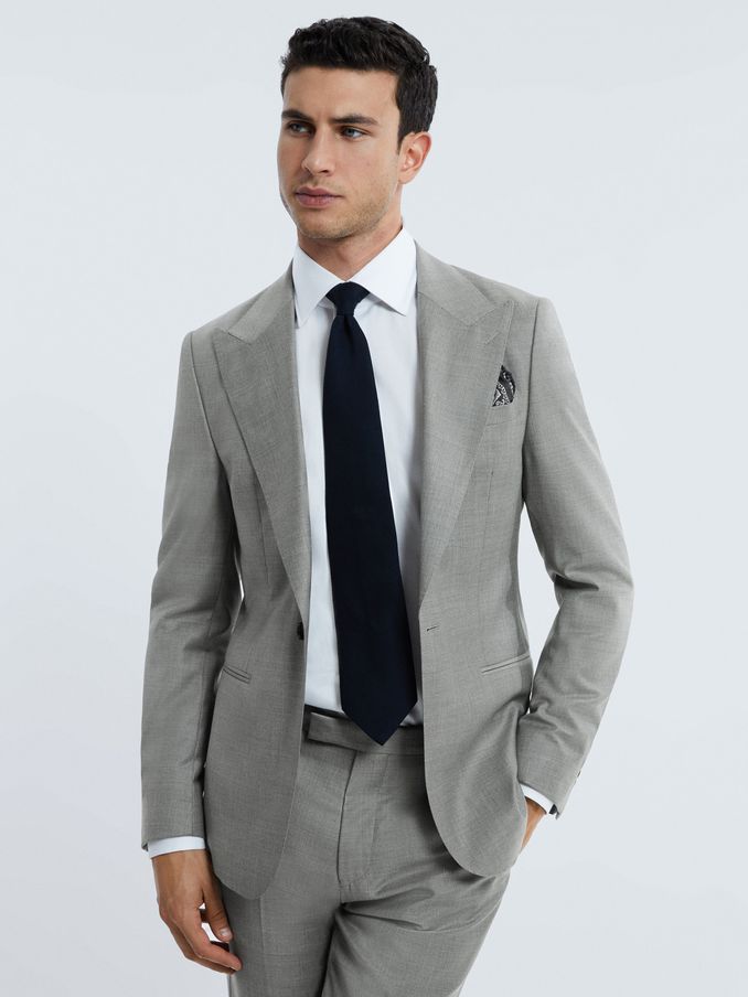Atelier Wool Cashmere Slim Fit Single Breasted Blazer in Grey Melange (703326) | US$377