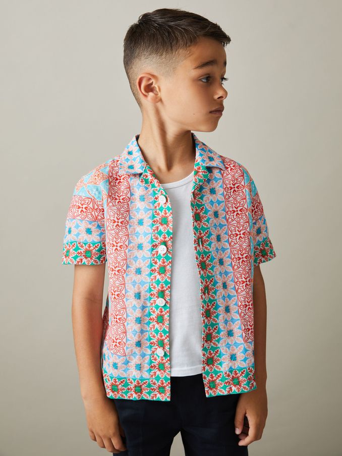 9-13 yrs Linen Printed Cuban Collar Shirt in Orange Multi (707164) | US$22