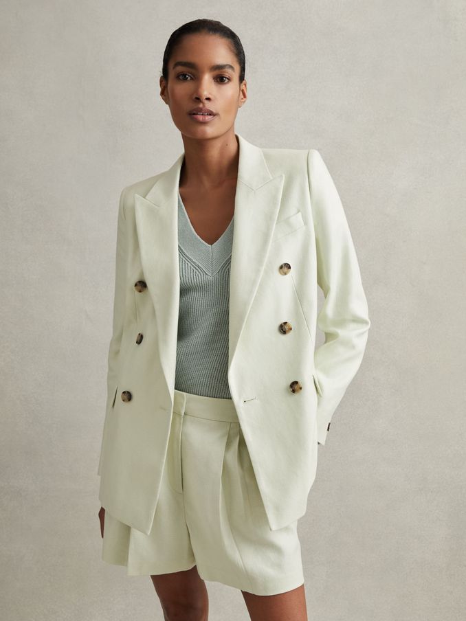 Double Breasted Linen Blend Suit Blazer in Mint (707207) | €140