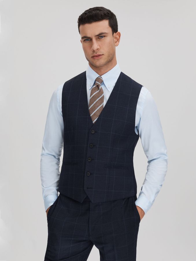 Klink Navy Wool Check Single Breasted Slim Fit Waistcoat (707286) | US$78