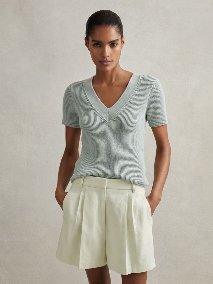 Front Pleat Linen Blend Suit Shorts in Mint (707467) | US$95