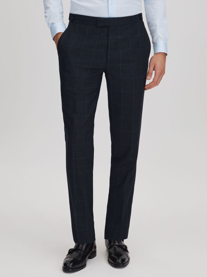 Klink Navy Wool Check Adjuster Slim Fit Trousers (707676) | US$98