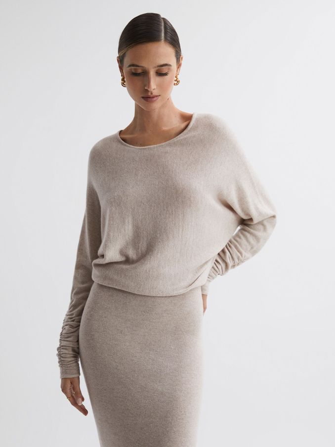 Petite Wool Blend Ruched Sleeve Midi Dress in Neutral (707739) | $155
