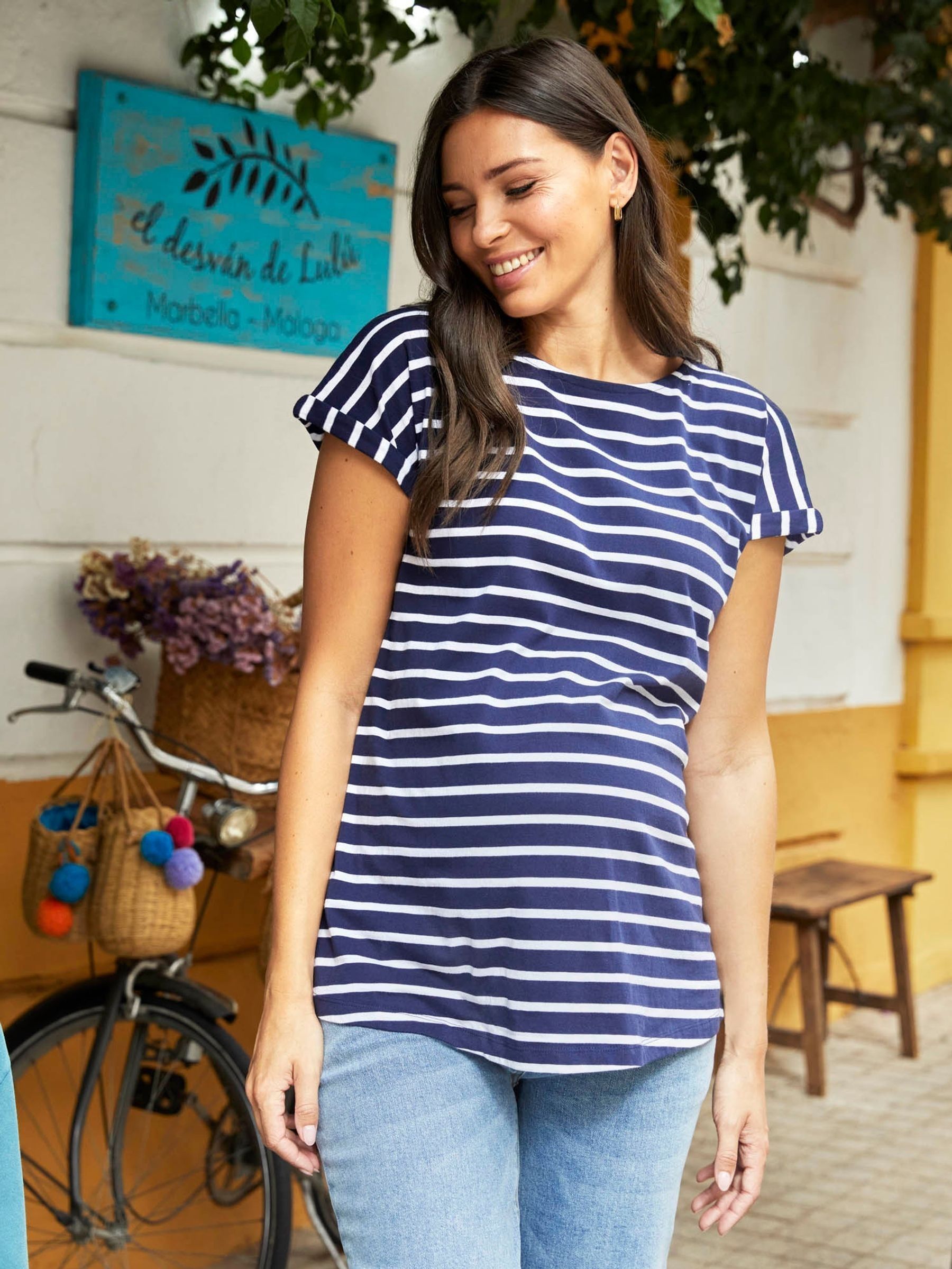 Navy White Stripe Boyfriend Cotton Maternity T-Shirt (708191) | $33