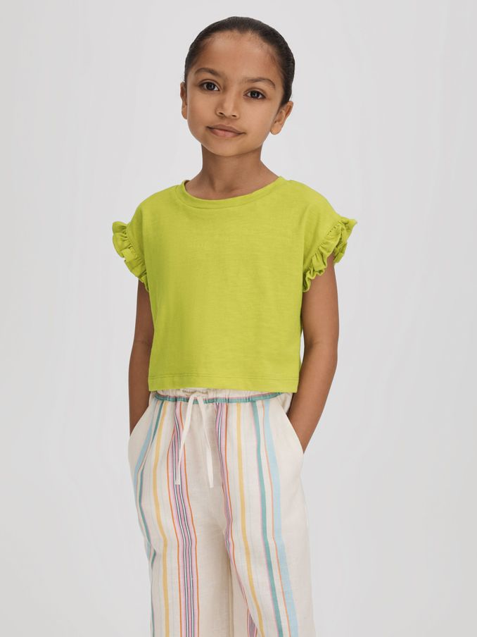 4-9 yrs Ruffle Sleeve Cropped Motif T-Shirt in Lime (708317) | €10