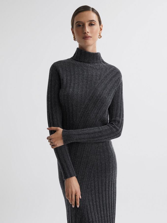 Petite Knitted Roll Neck Midi Dress in Charcoal (717377) | $157