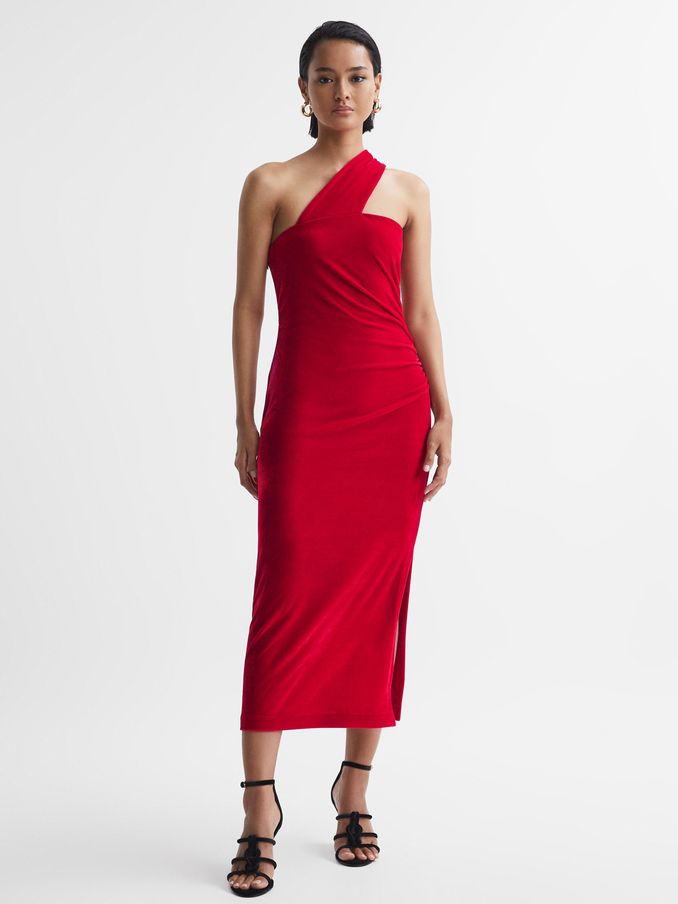 Velvet One-Shoulder Midi Dress in Red (718663) | US$72