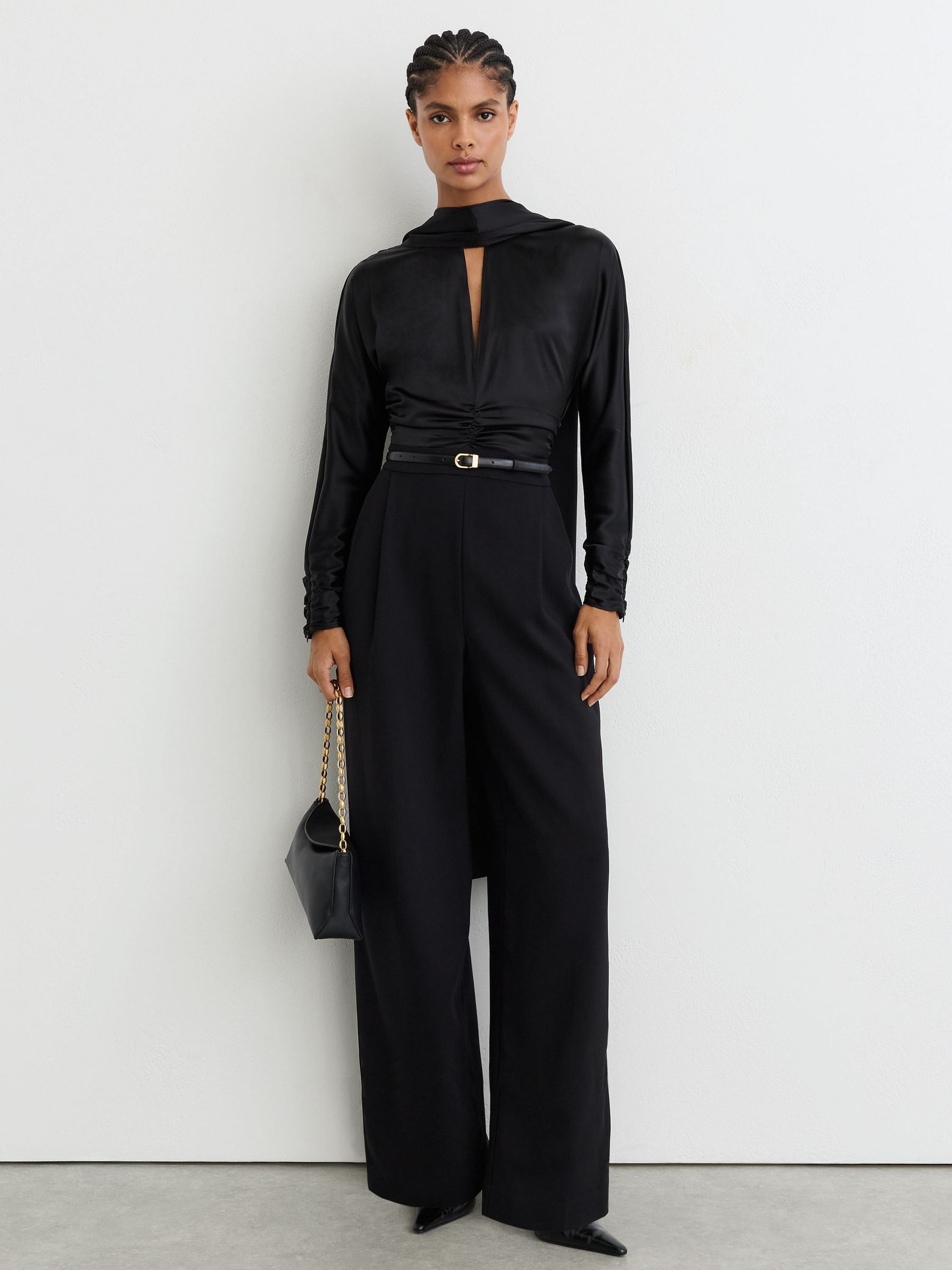 Noir - Satin Woven Mix Cape-detail Jumpsuit