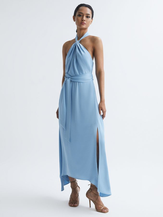 Fitted Halter Neck Midi Dress in Blue (742278) | 388 QAR