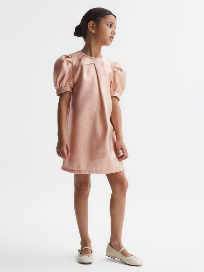 9-14 yrs Metallic Puff Sleeve Dress in Pink (750766) | US$35