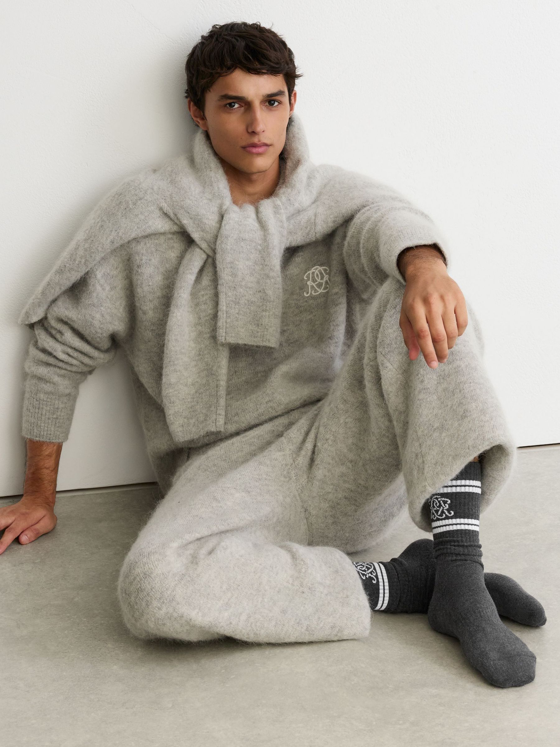 Charcoal Grey/White - Regular Monogram Cotton-blend Rib Sport Socks