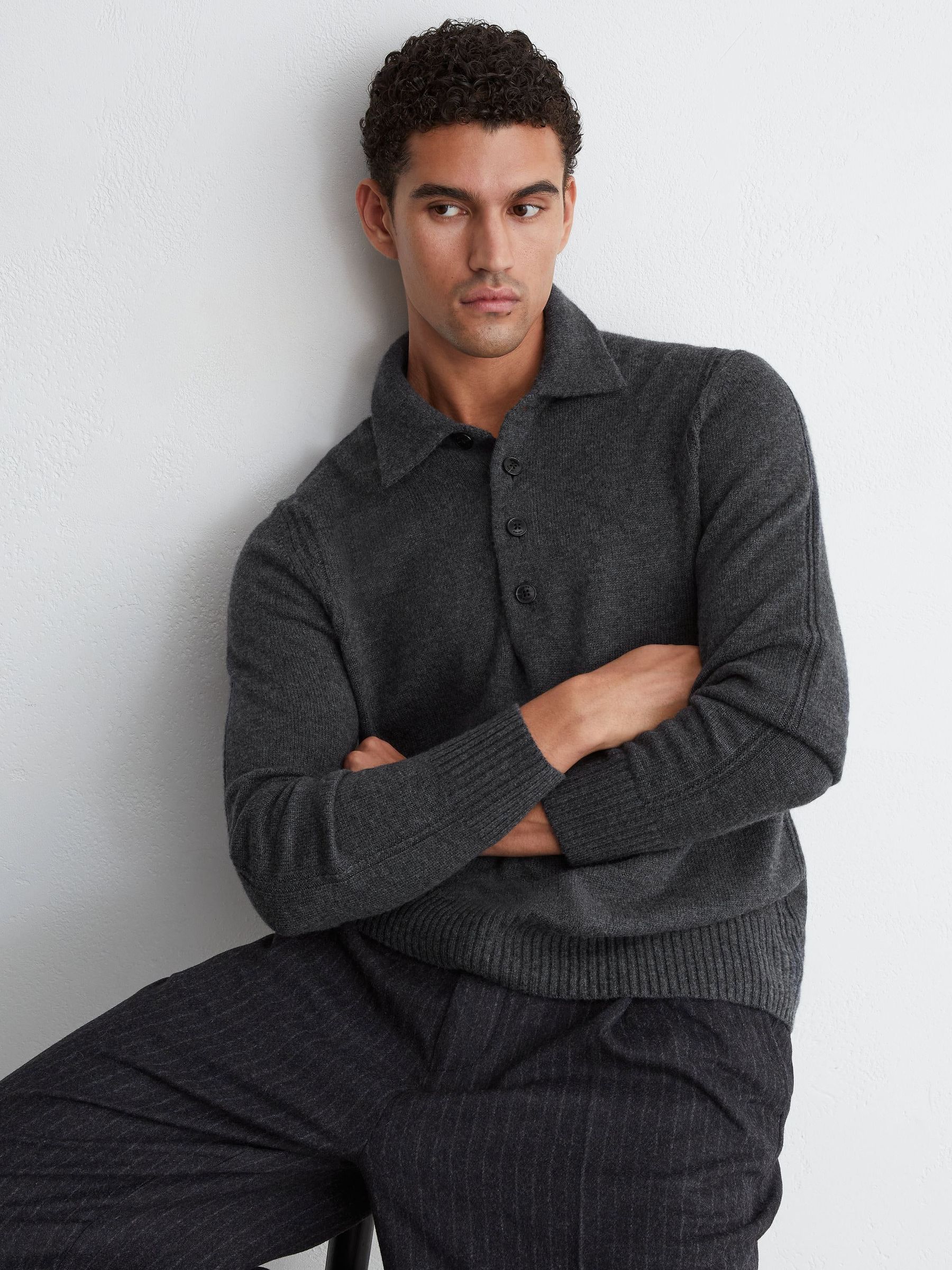 Mid Grey - Regular Wool-cashmere Half-button Polo Jumper