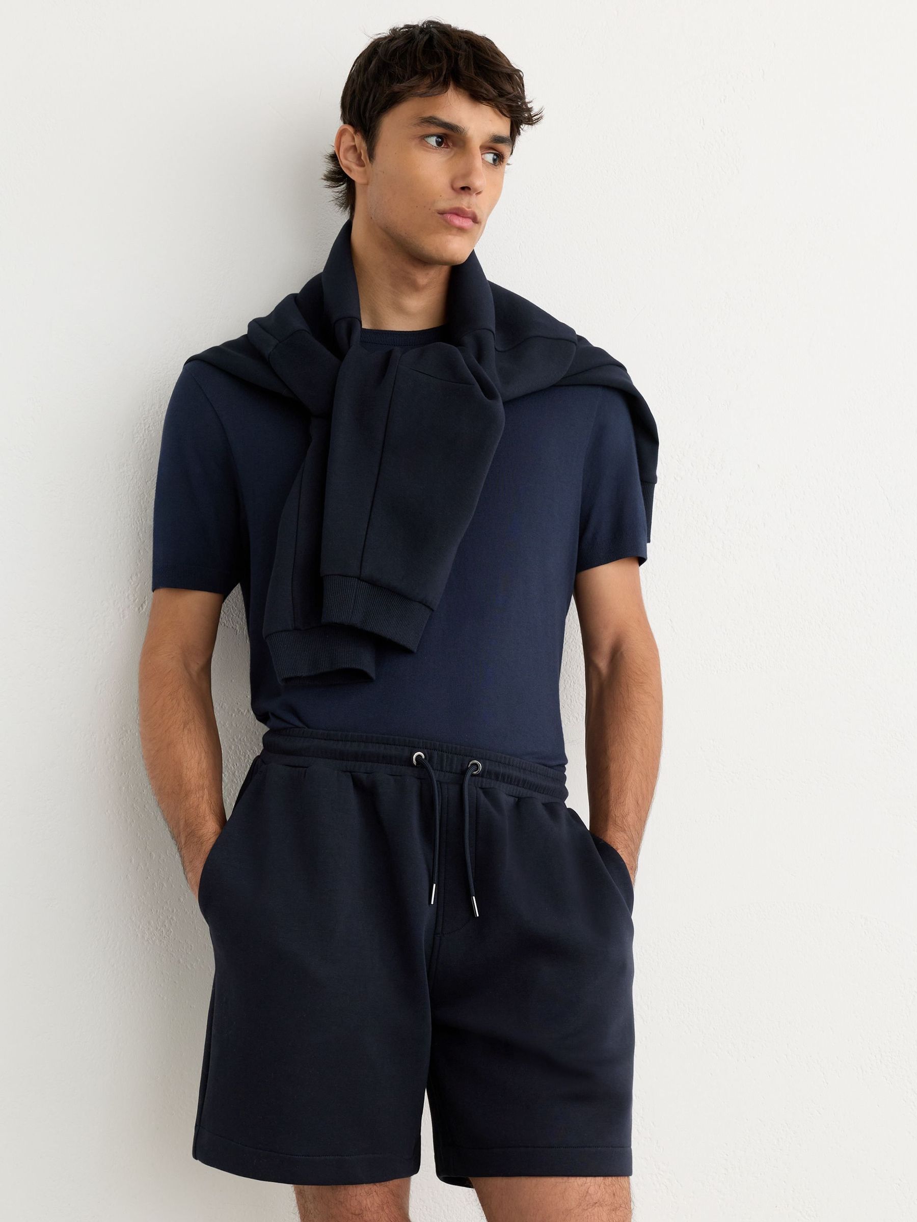 Navy - Regular Sueded Interlock Jersey Drawstring Shorts