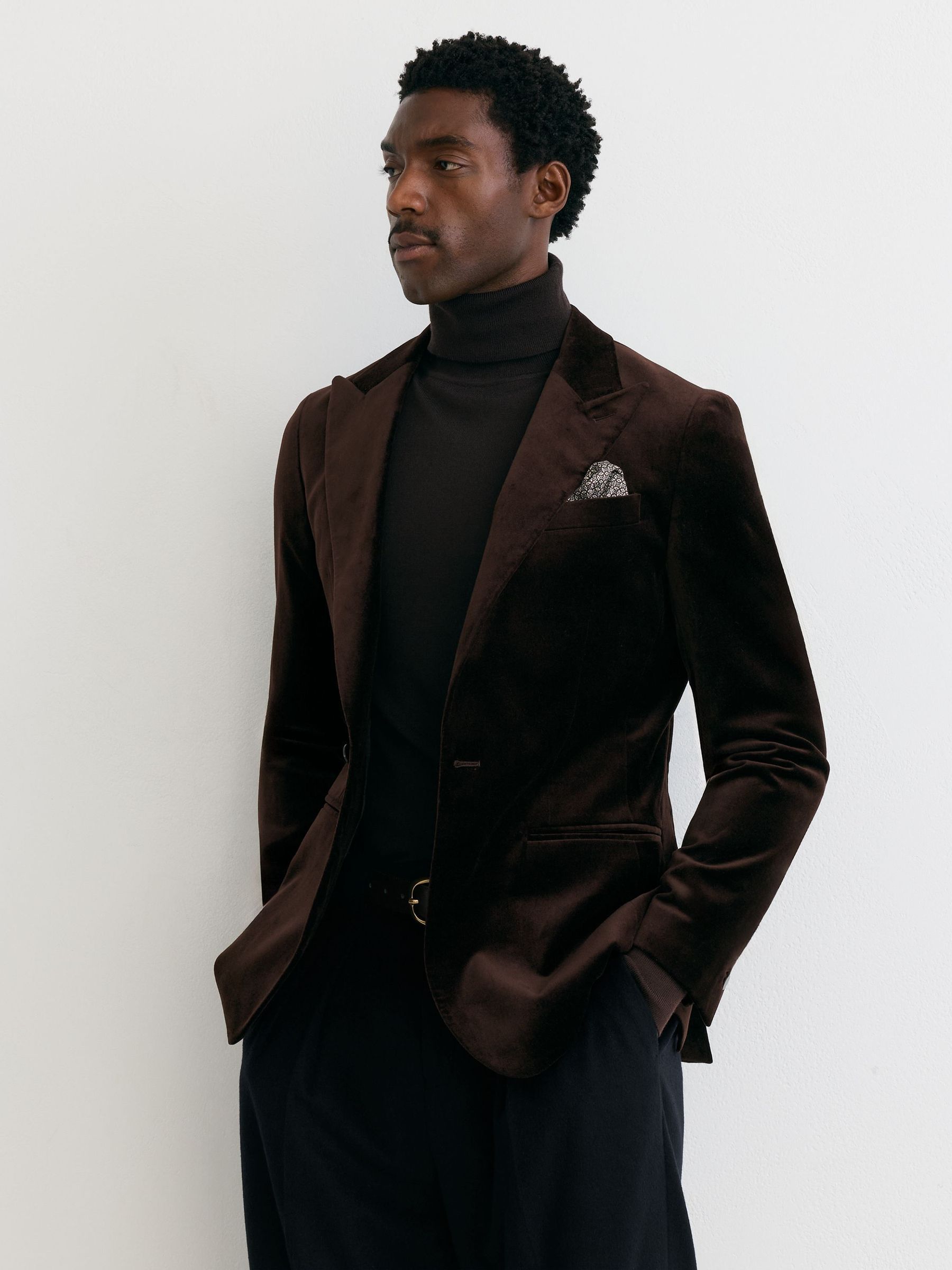 Brown - Tailored Fit Velvet Single-breasted Blazer