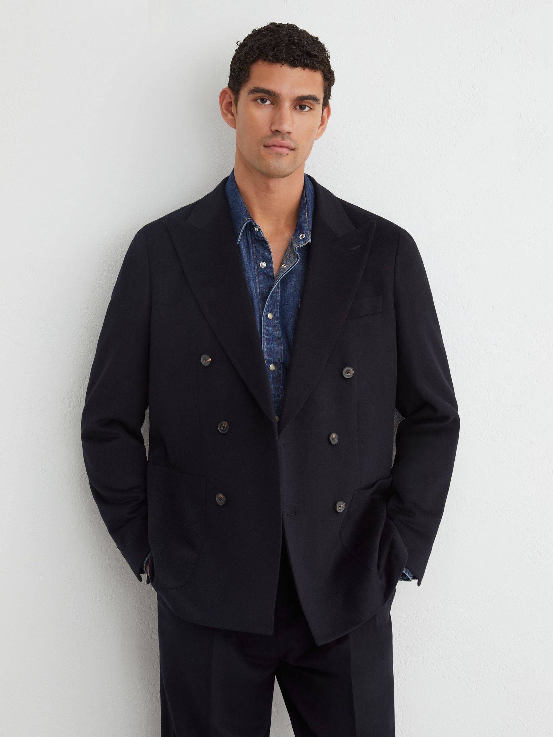 Navy - Regular Wool-blend Flannel Double-breasted Blazer Classic-fit