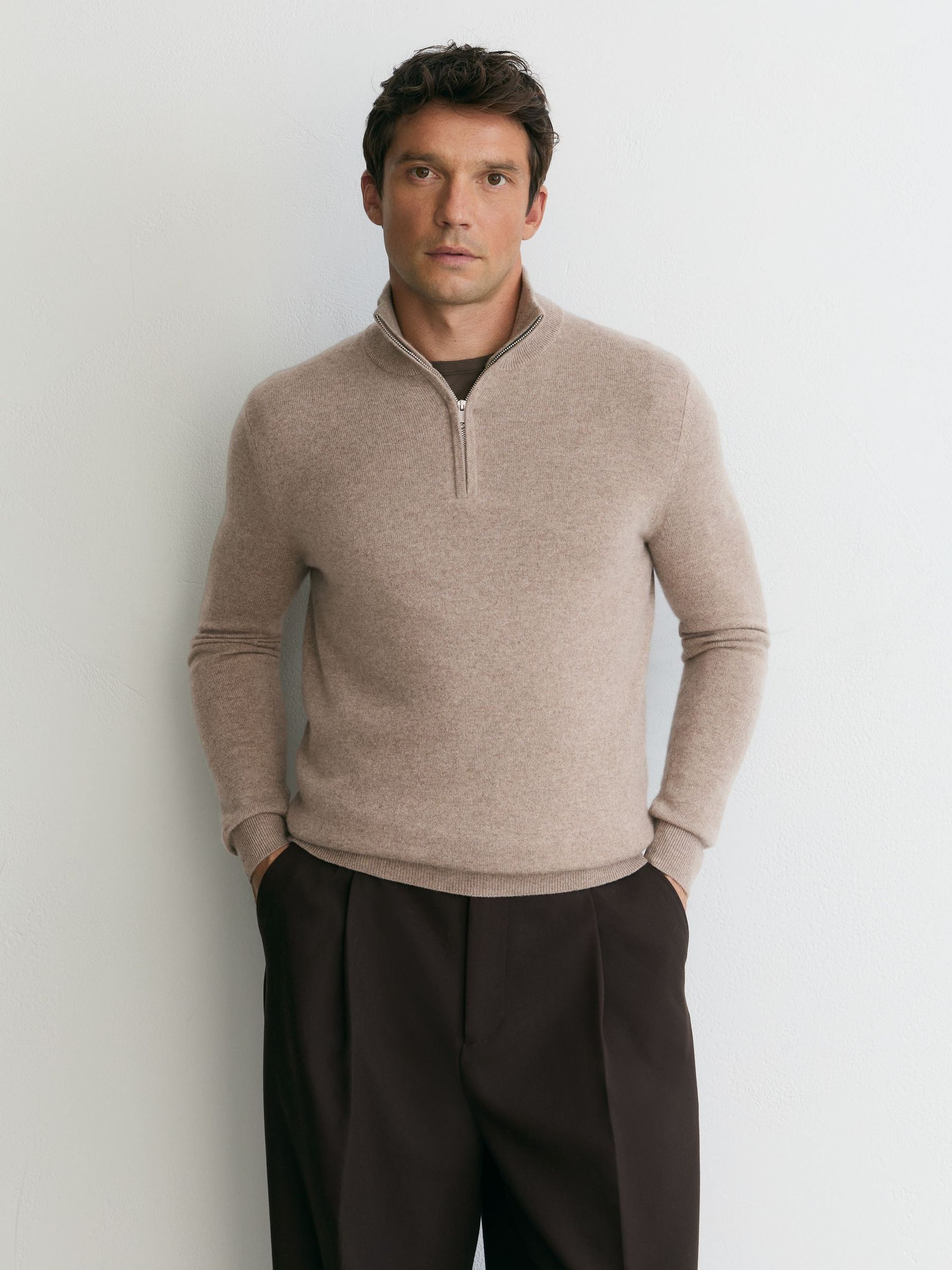 Taupe Melange - Regular 100% Cashmere Half-zip Jumper