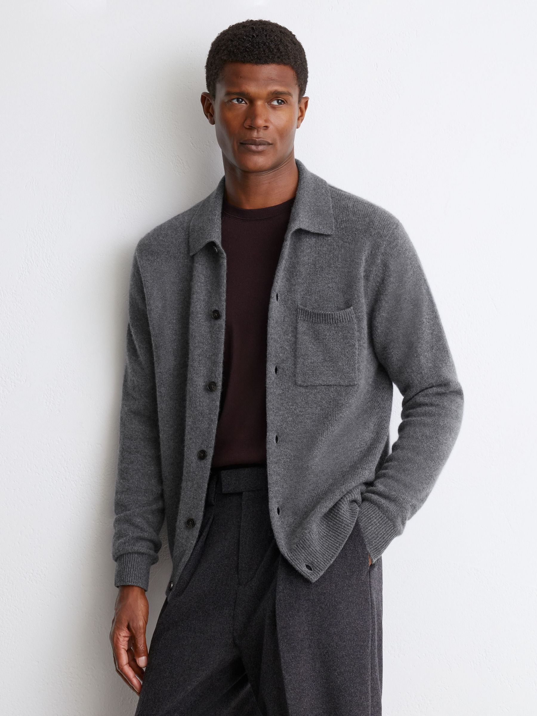 Mid Grey Melange - Regular 100% Cashmere Button-through Shirt