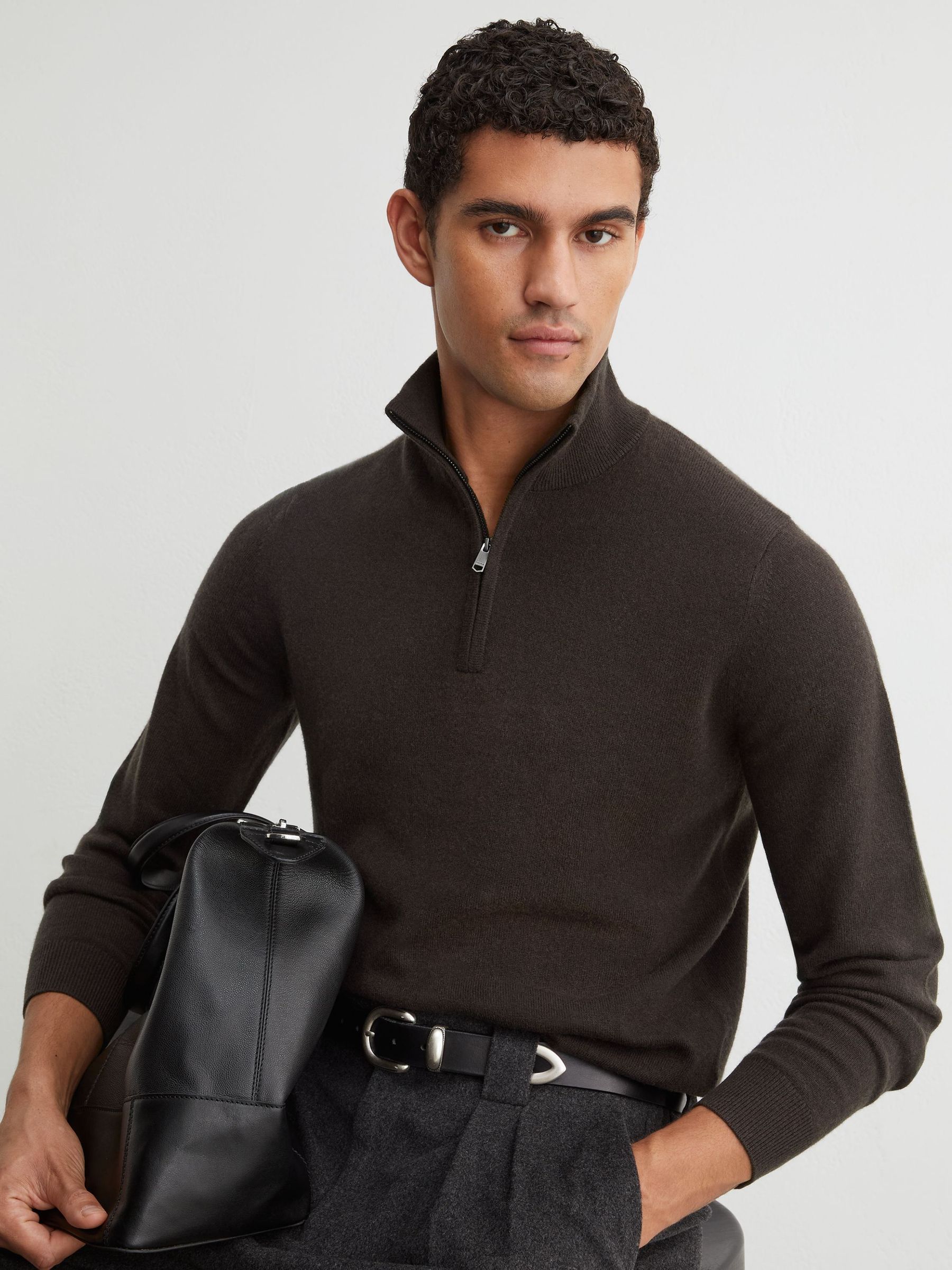 Chocolate Melange - Regular 100% Cashmere Half-zip Jumper