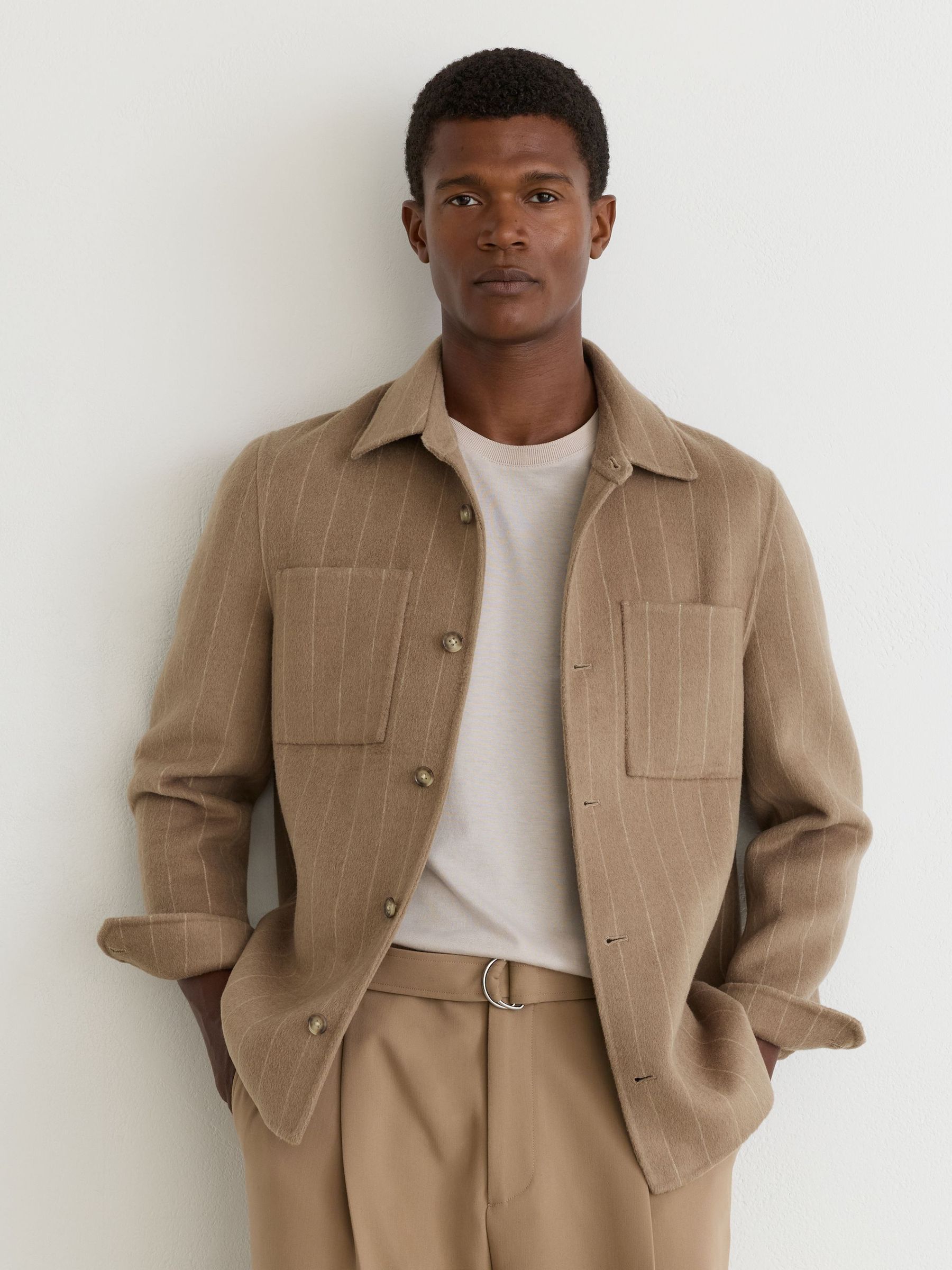 Marron taupe - Regular Wool-blend Striped Twin-pocket Overshirt