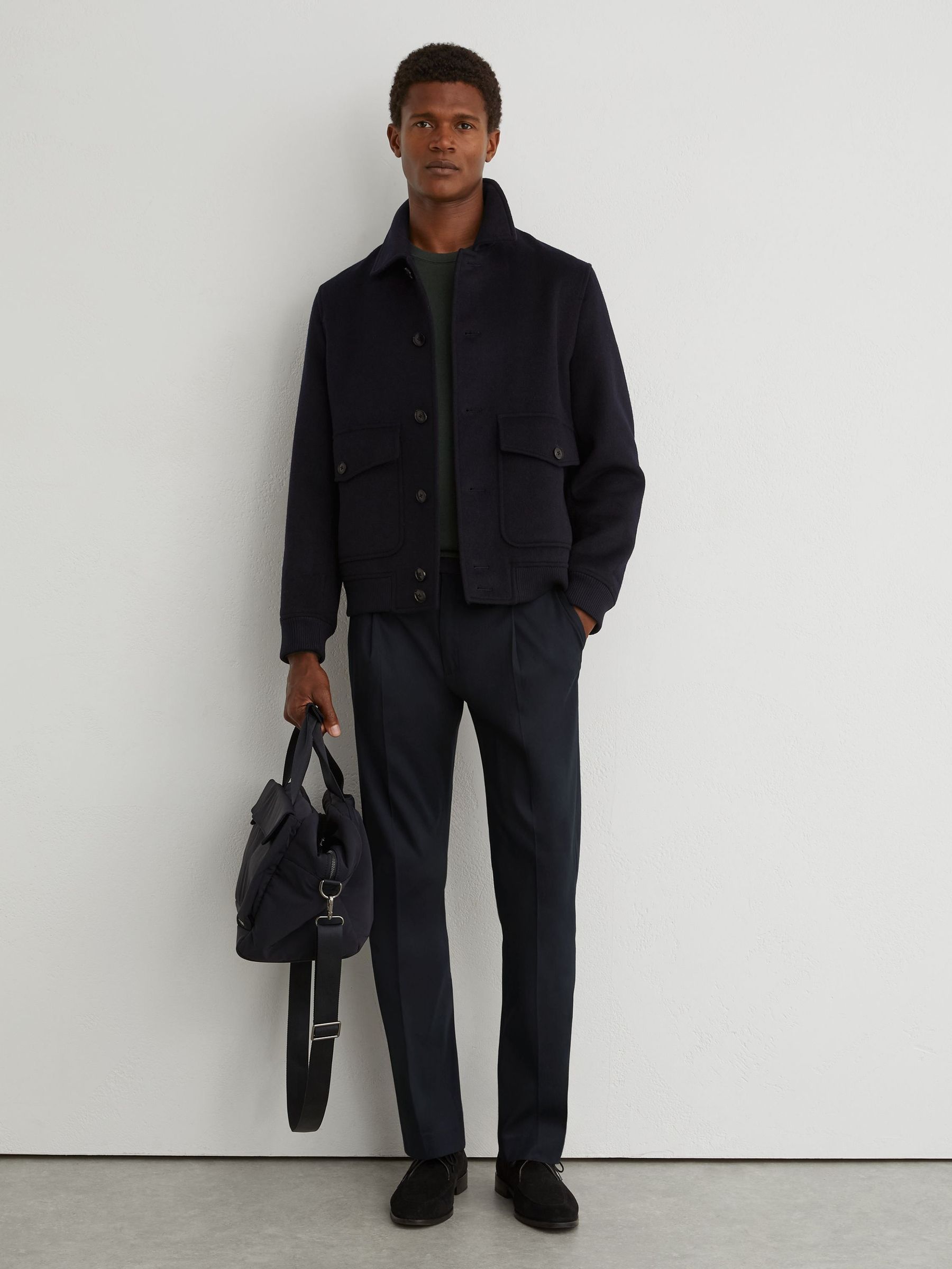Navy - Regular Cotton-blend Side-adjuster Trousers Tailored-fit