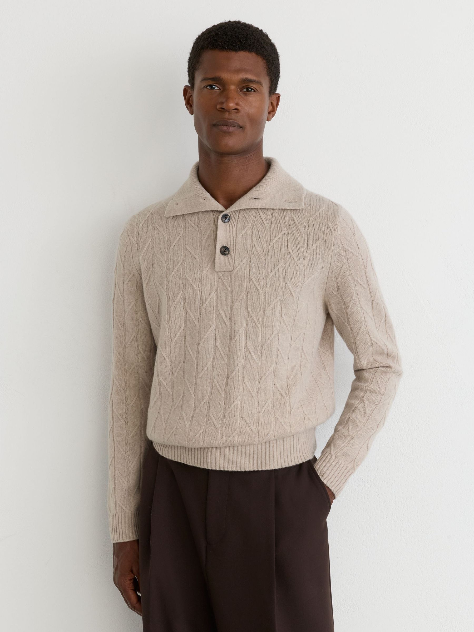 Oatmeal - Regular Wool Stitch-detail Half-button Jumper
