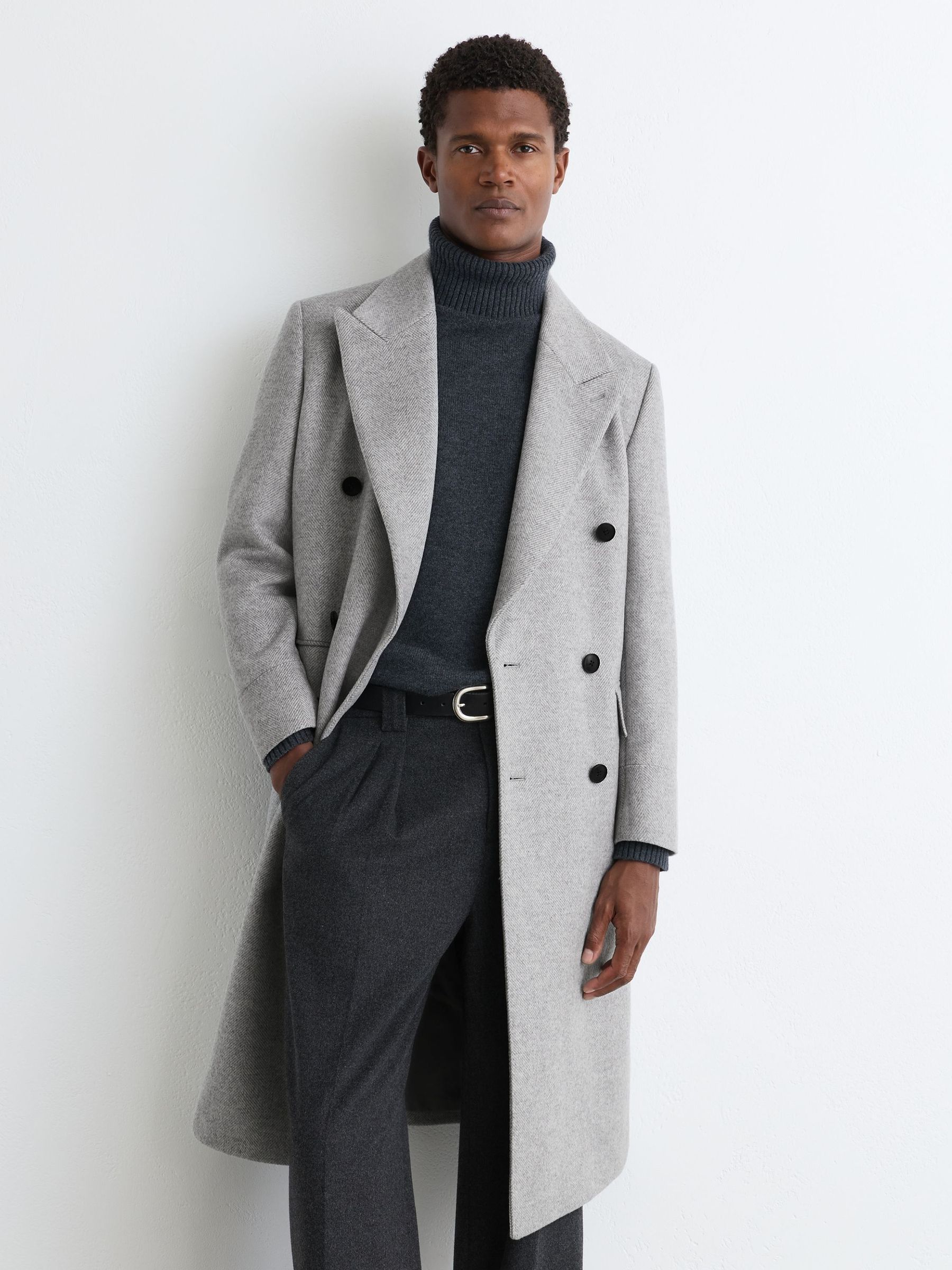 Soft Grey Herringbone - Regular Wool-blend Double-breasted Overcoat
