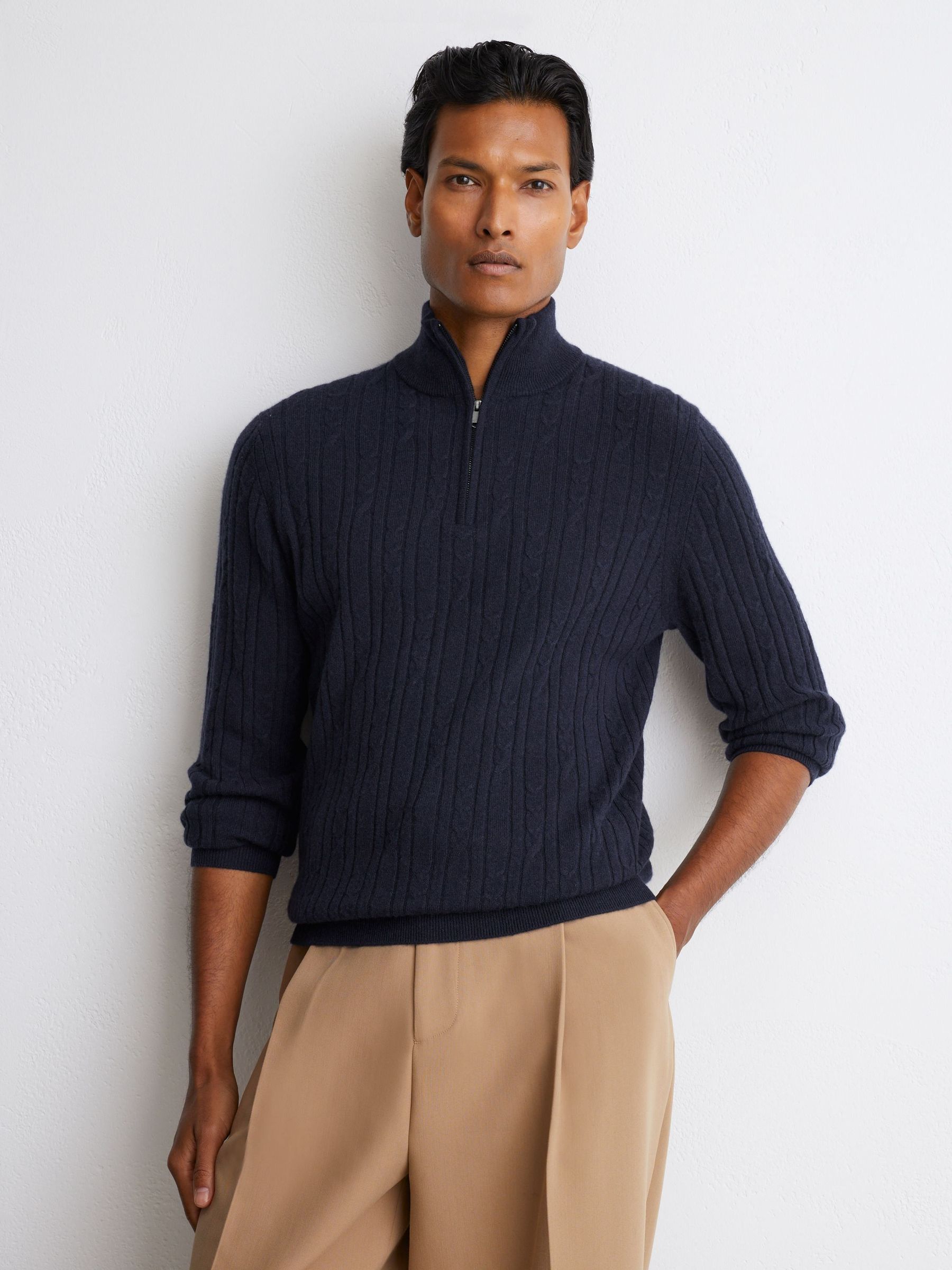 Navy - Regular Cashmere Cable-knit Half-zip Jumper