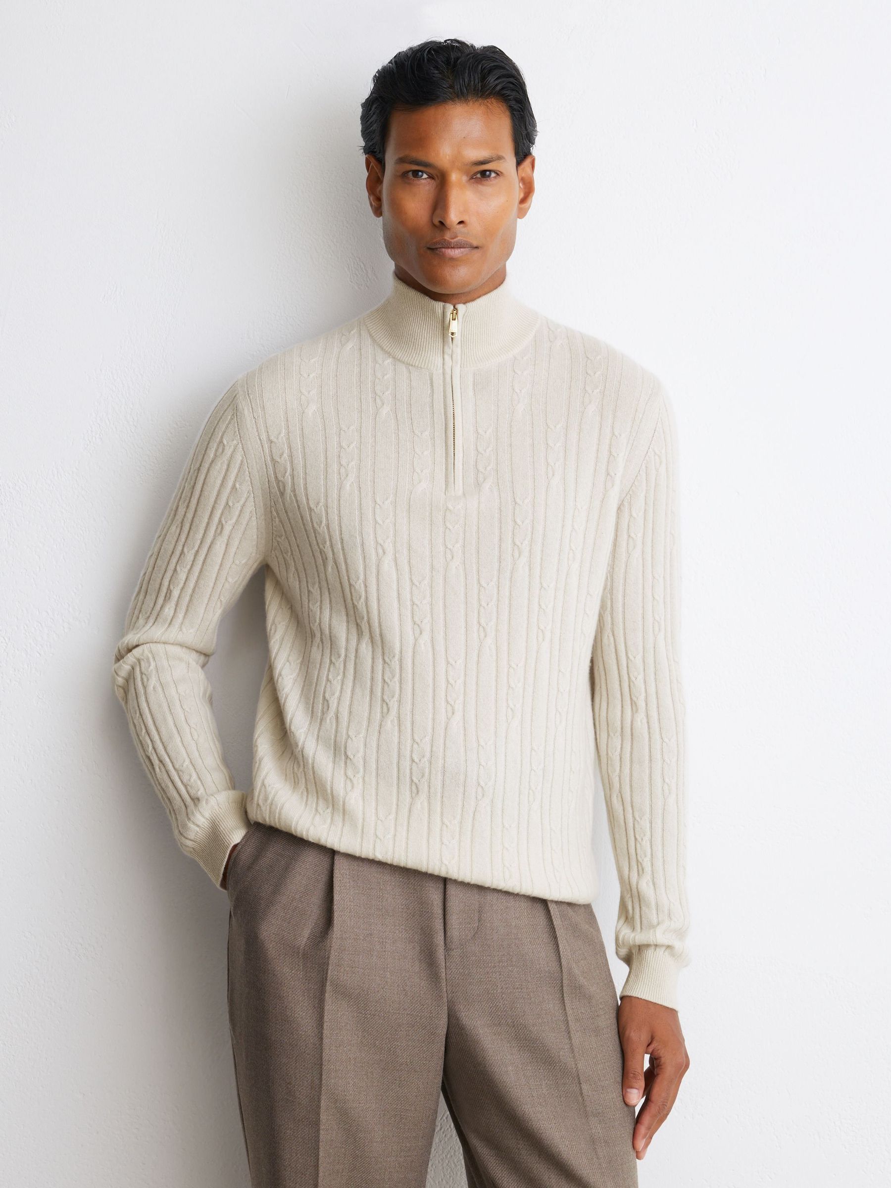 Parchment Grey - Regular Cashmere Cable-knit Half-zip Jumper