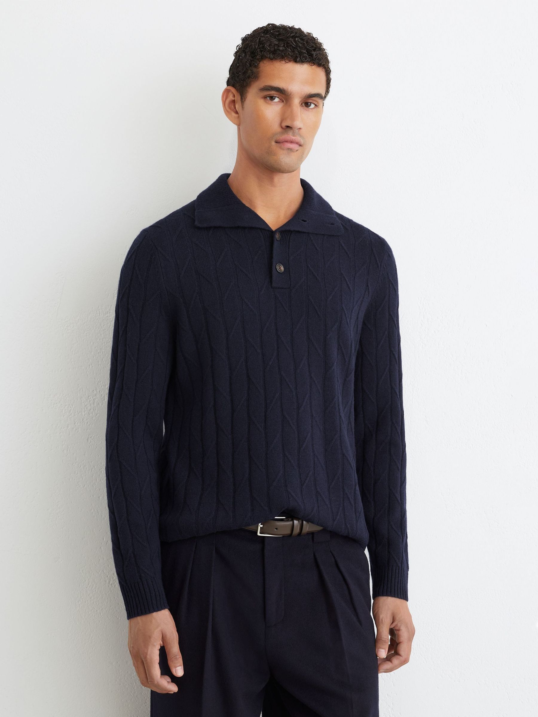 海軍藍 - Regular Wool Stitch-detail Half-button Jumper