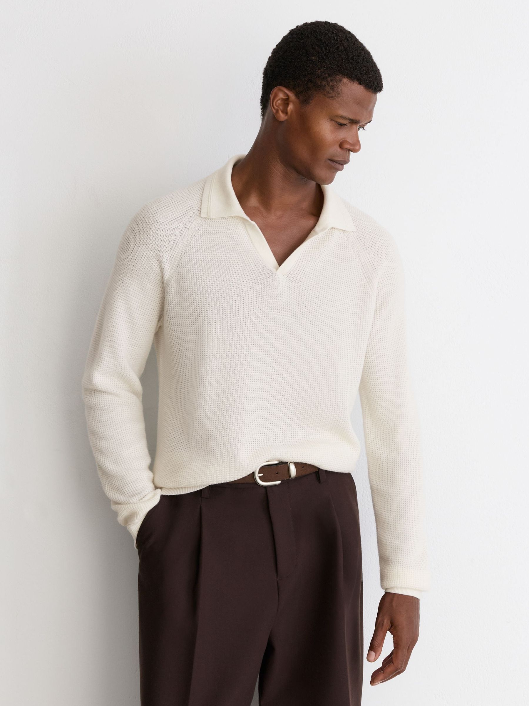 White - Regular Textured-knit Open-collar Jumper With Wool