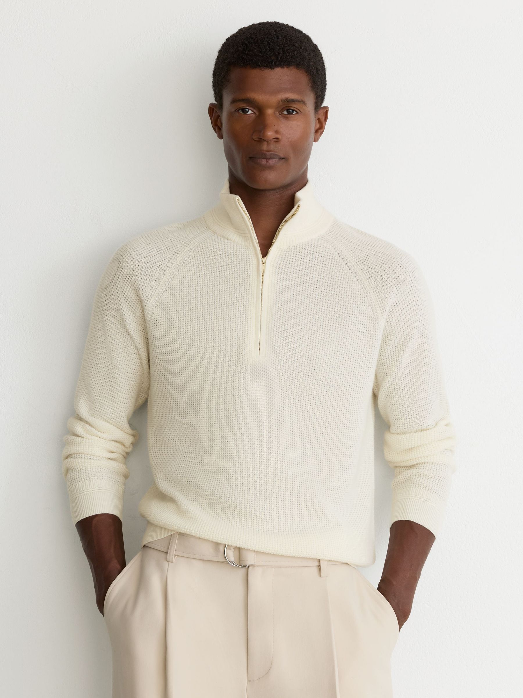 White - Regular Textured-knit Funnel-neck Half-zip Jumper With Wool