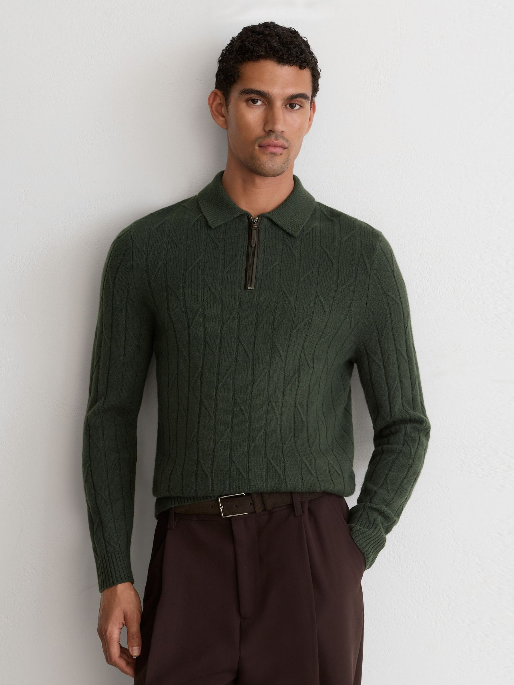 Lesní zelená - Regular Wool Stitch-detail Half-zip Polo Jumper