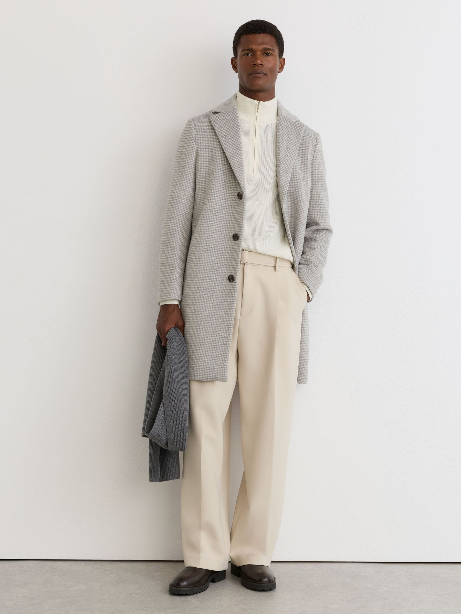 Soft Grey - Regular Wool-blend Puppytooth Single-breasted Overcoat