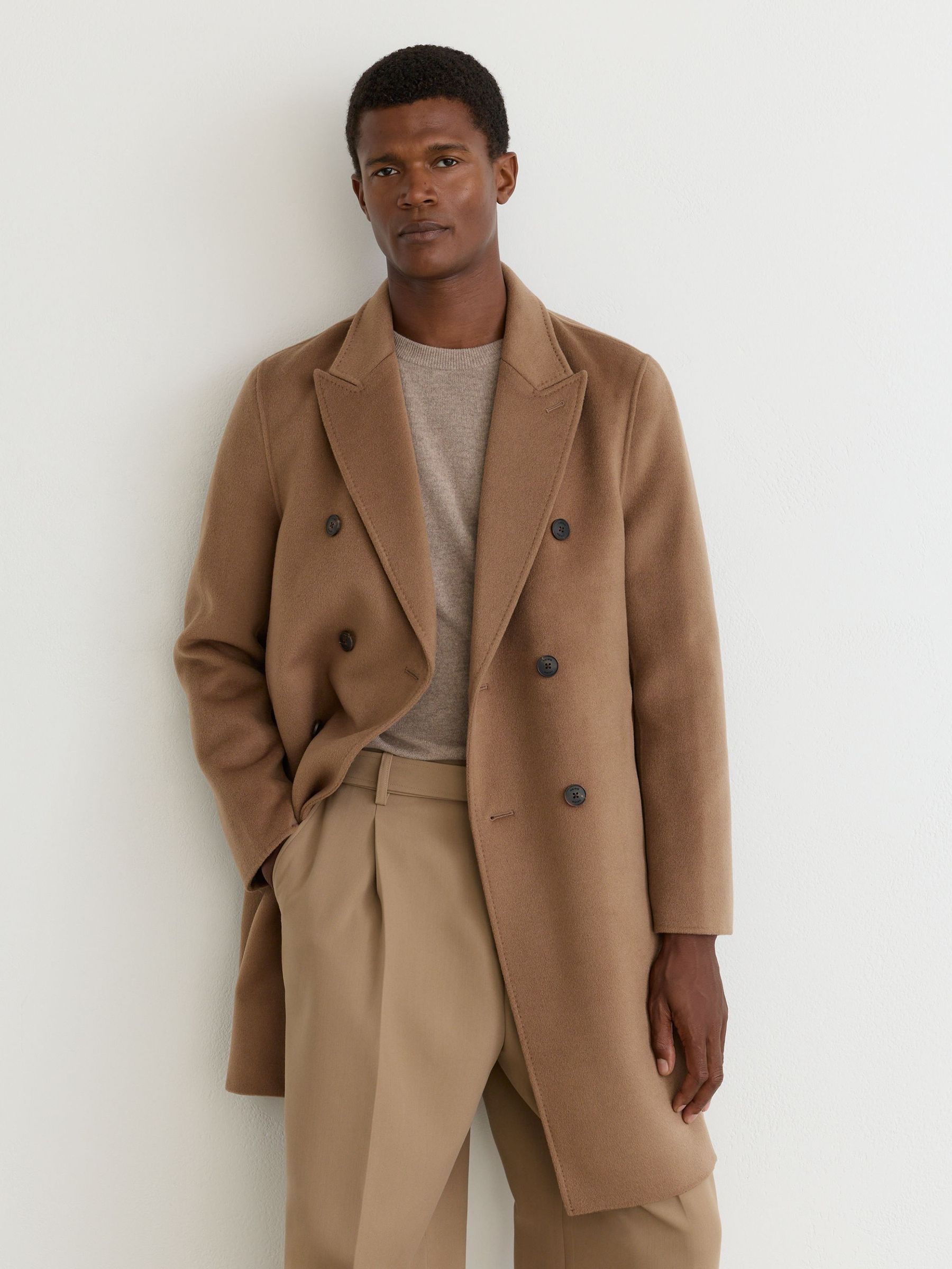 بني فاتح - Regular Wool-blend Double-breasted Epsom Overcoat