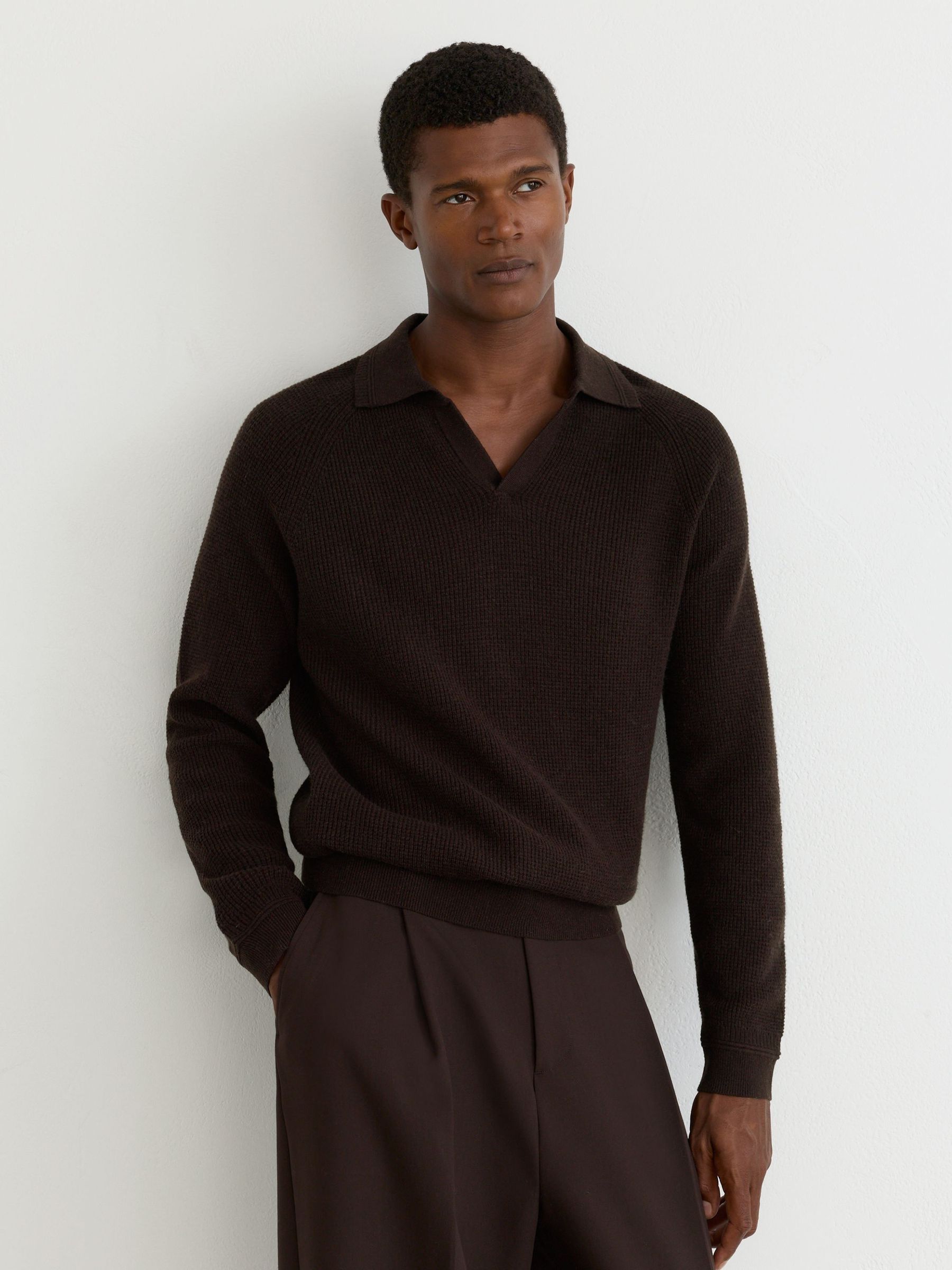 Chocolate Brown - Regular Textured-knit Open-collar Jumper With Wool