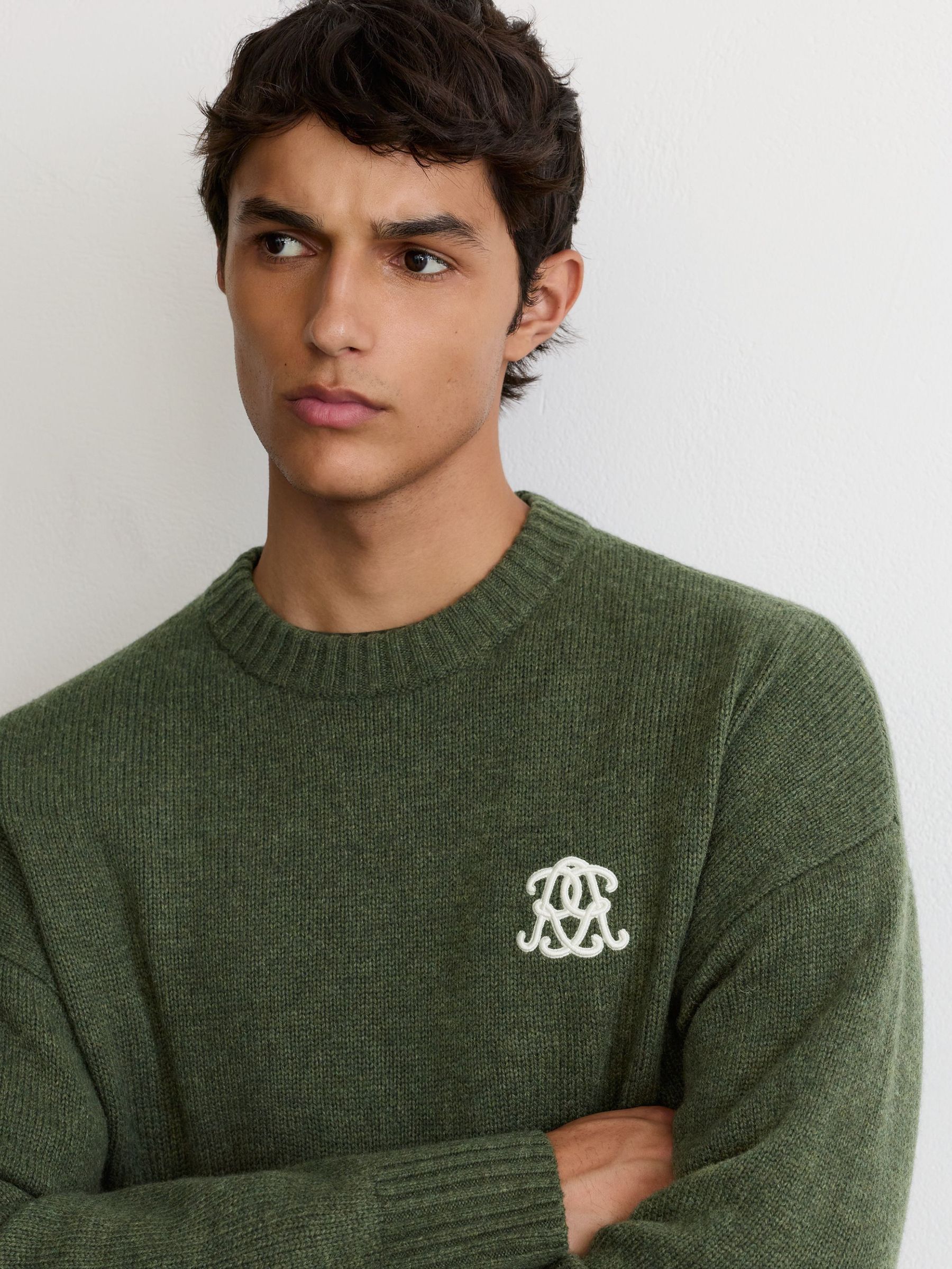 Dark Green - Regular Monogram Embroidered Relaxed Wool Jumper