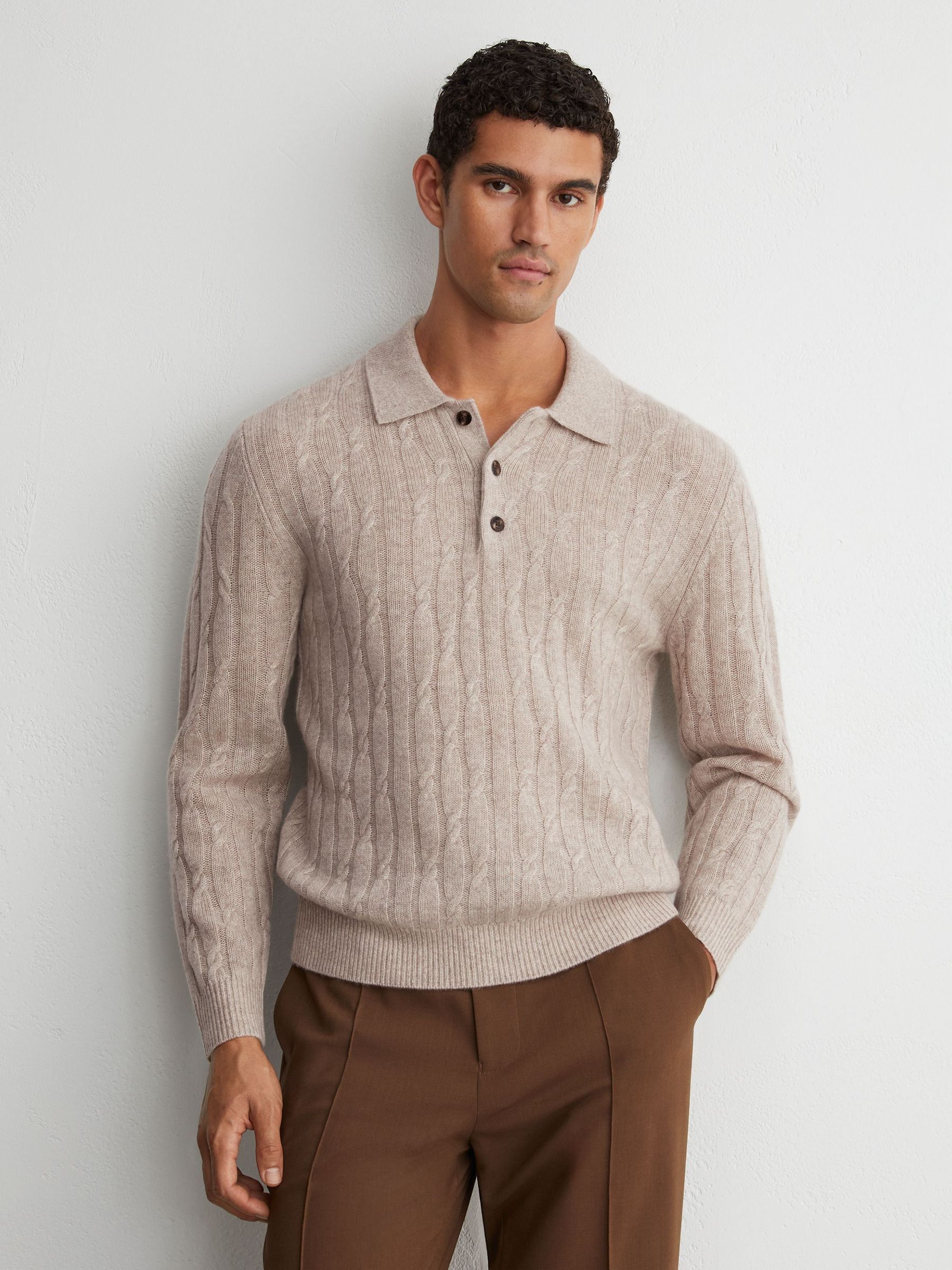Oatmeal - Regular 100% Cashmere Cable-knit Polo Jumper