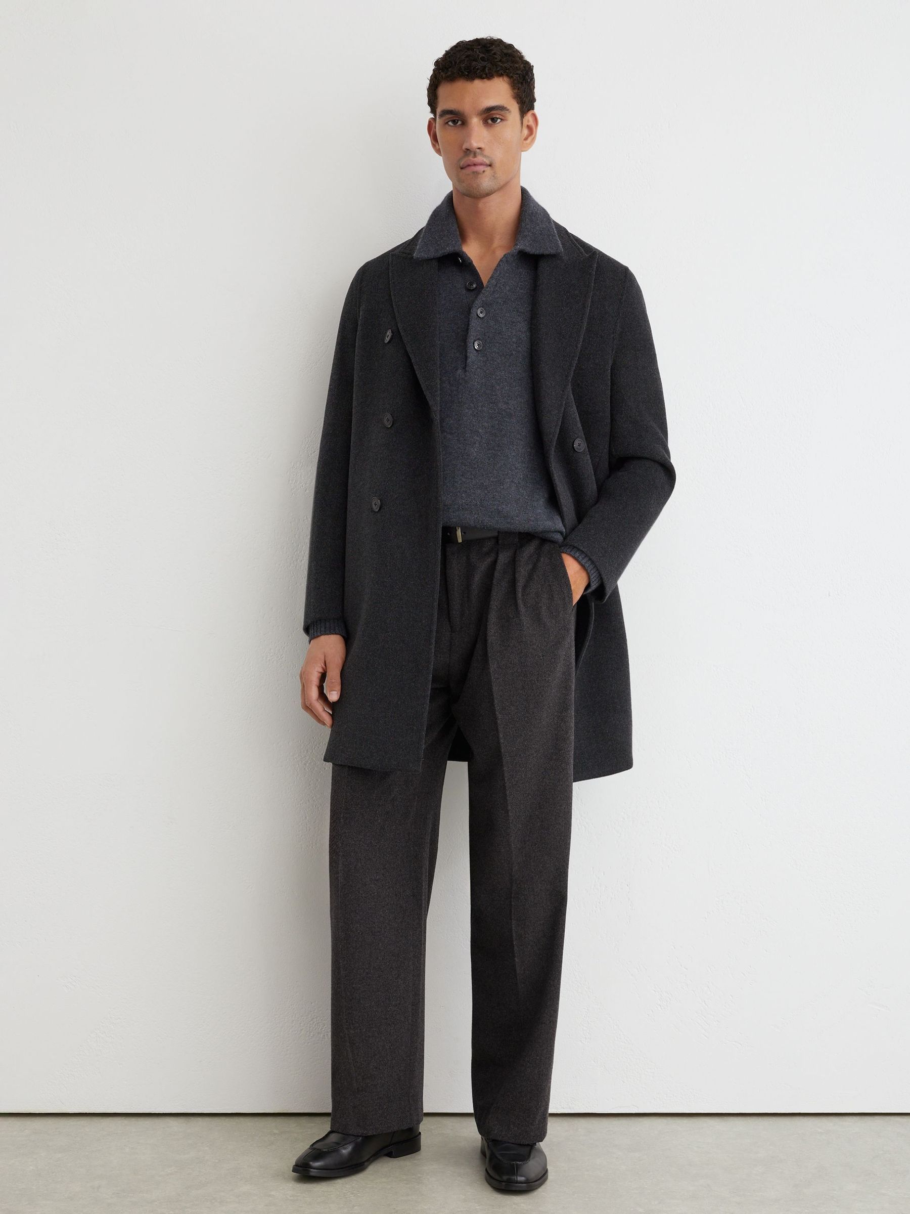 Charcoal Grey - Regular Wool-blend Flannel Relaxed-fit Pleated Trousers