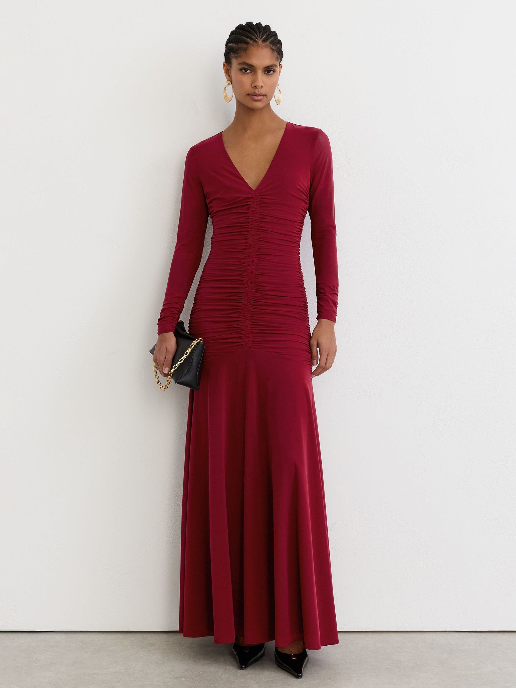 أحمر - Reiss Cathy Ruched Mesh Long-sleeve Maxi Dress