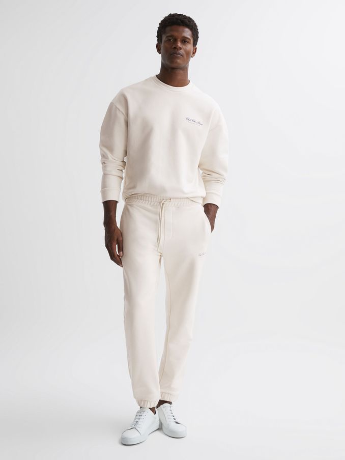 Reiss | Ché Motif Cotton Drawstring Joggers in Off White (791771) | LEI 197