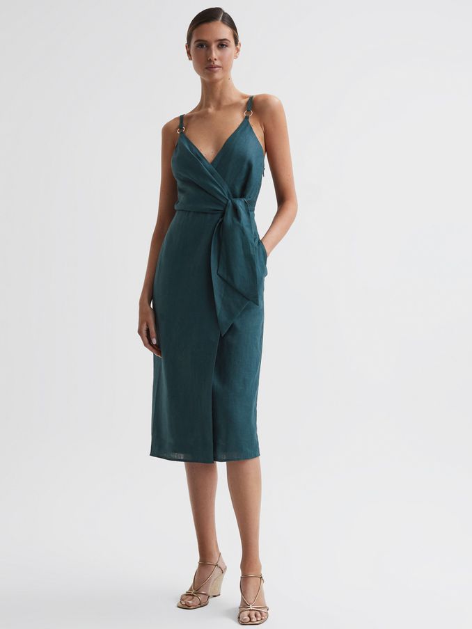 Linen Side Tie Midi Dress in Dark Teal (793692) | US$78