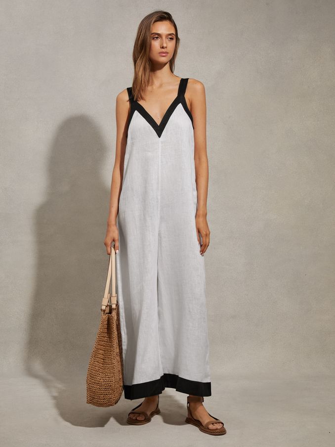 Linen Wide Leg Playsuit in White/Navy (795571) | $137