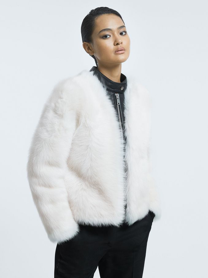 Leather-Shearling Zip-Through Jacket in Ivory/Black (800998) | CA$870