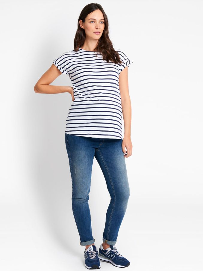 White Navy Stripe Boyfriend Cotton Maternity T-Shirt (809944) | $33