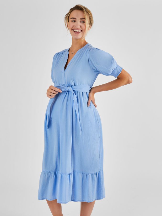 Linen Blend Maternity Midi Dress in Blue (831027) | $36