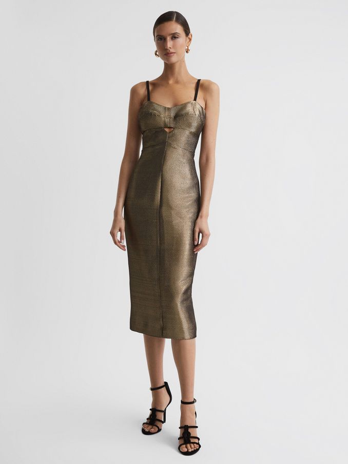 Metallic Bodycon Midi Dress in Gold (831955) | US$114