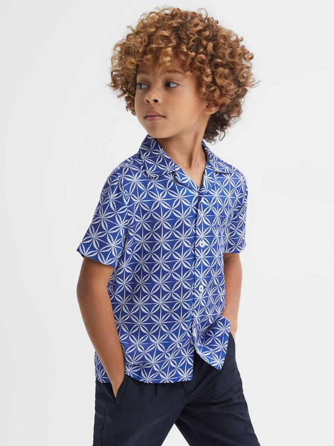 Printed Cuban Collar Shirt in Bright Blue/White (846002) | AED84